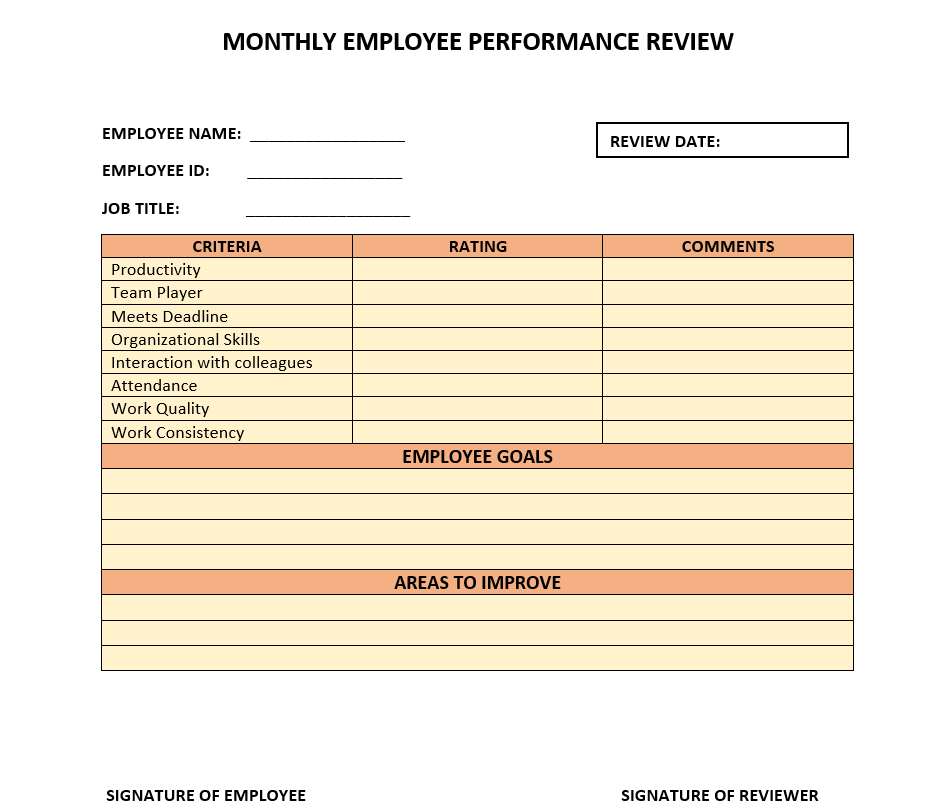 Monthly Employee performance review template