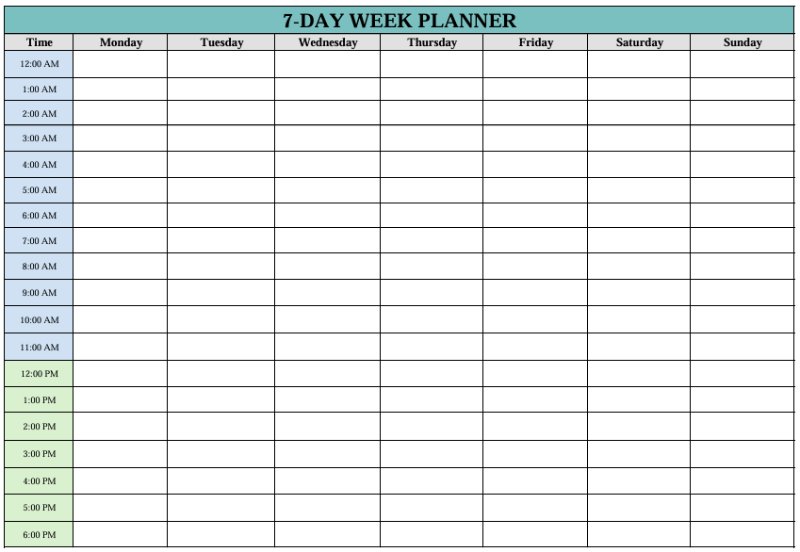 7-day weekly time blocking template