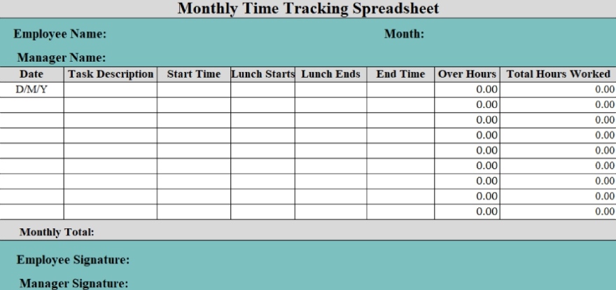 Monthly Spreadsheet for Time Tracking