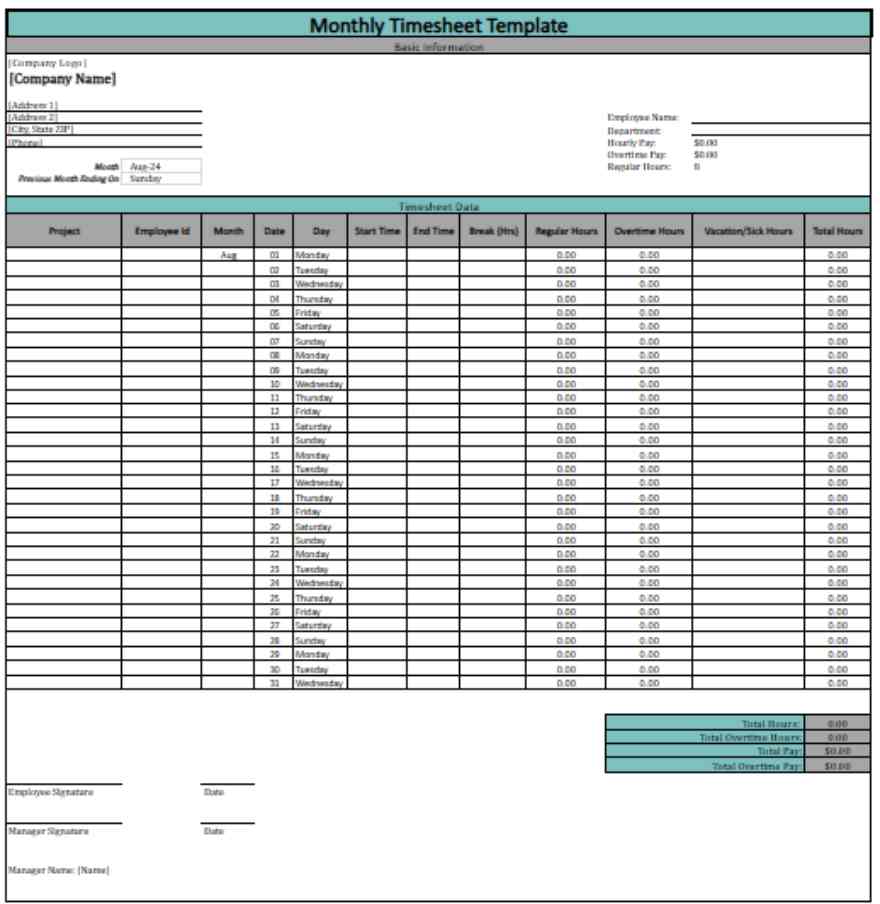 Monthly Timesheet Template