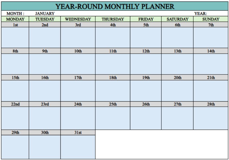 year-round monthly time blocking template