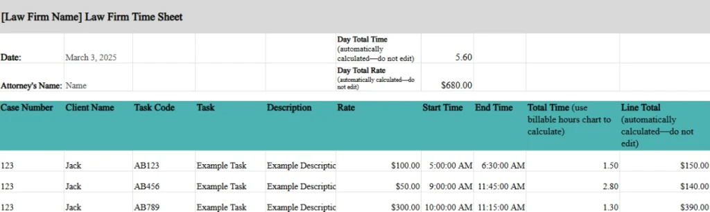 daily time tracking template for attorneys