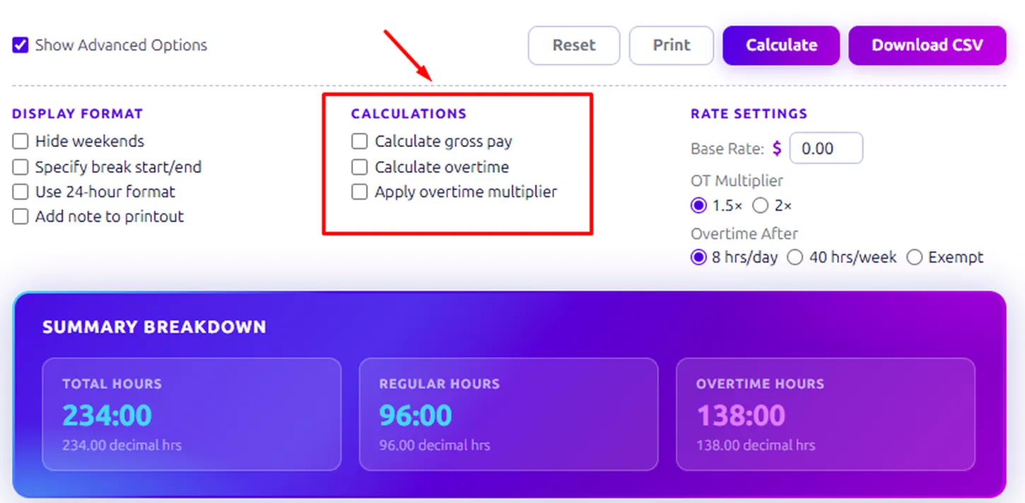 calculation options